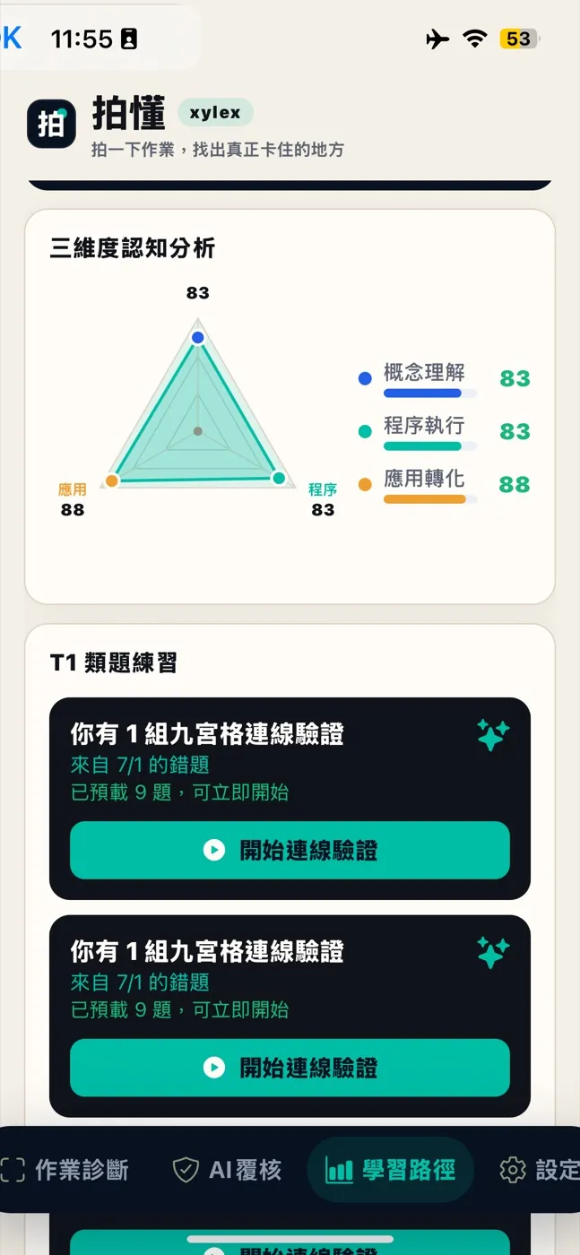 拍懂 App 畫面：概念理解、程序執行、應用轉化三個面向的分析圖，以及待完成的九宮格連線驗證。